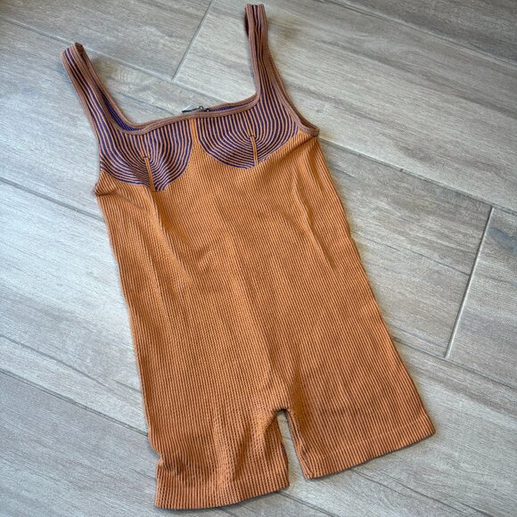 Zara Cobalt Blue & Tan Textured Bodysuit One Piece M/L - Picture 1 of 5